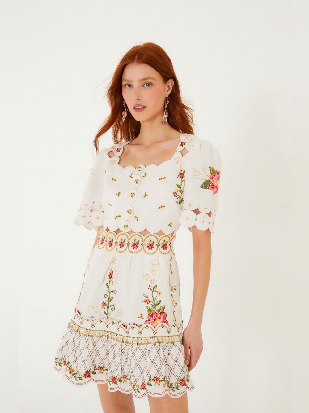 Farm Rio Off-White Flower Embroidery Scalloped
Mini Dress